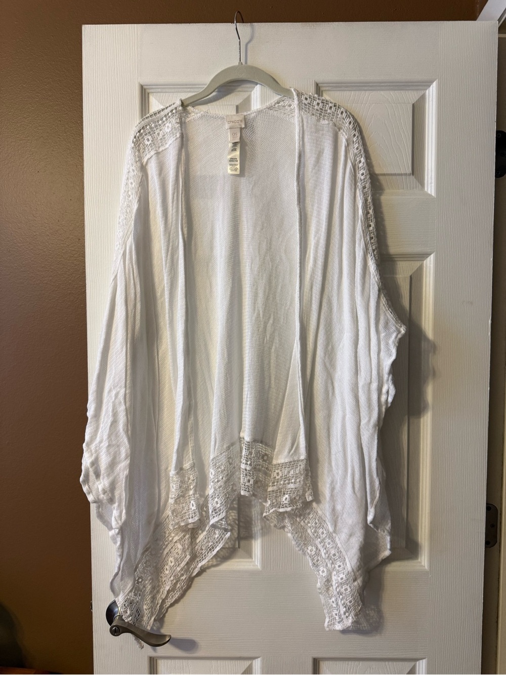 Chico's Alabaster White Cotton Mesh Knit Fringe Kimono Cardigan Cover Up OS